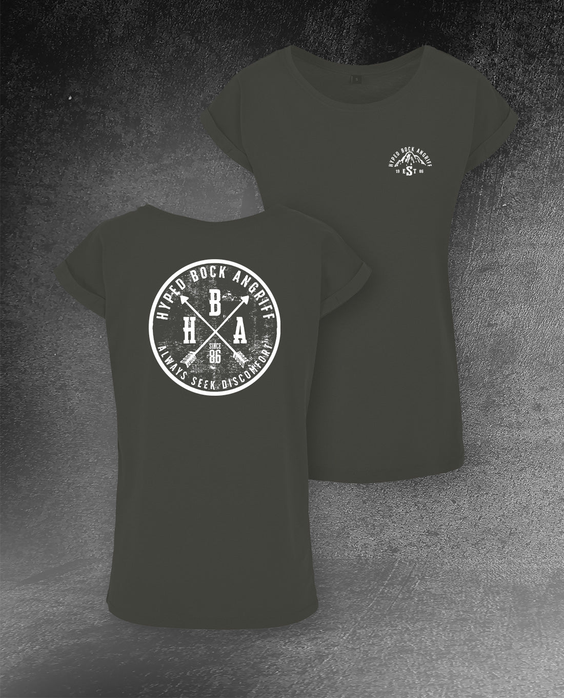 DAMEN T-SHIRT LONG TEE "HYPED BOCK ANGRIFF EST. 1986"